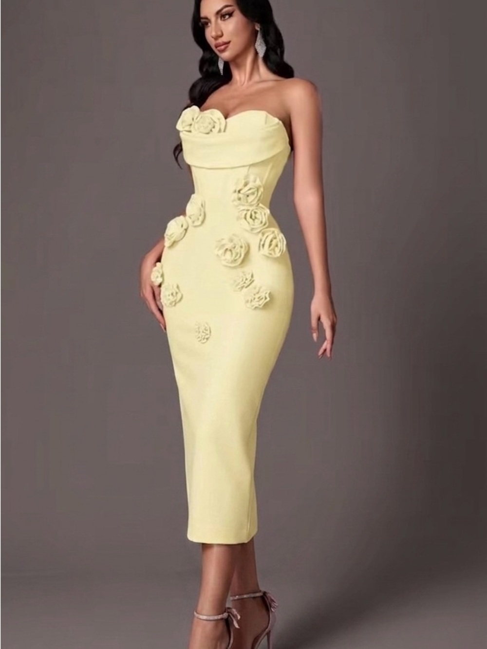 Strapless Yellow Floral-Appliqué Midi Dress